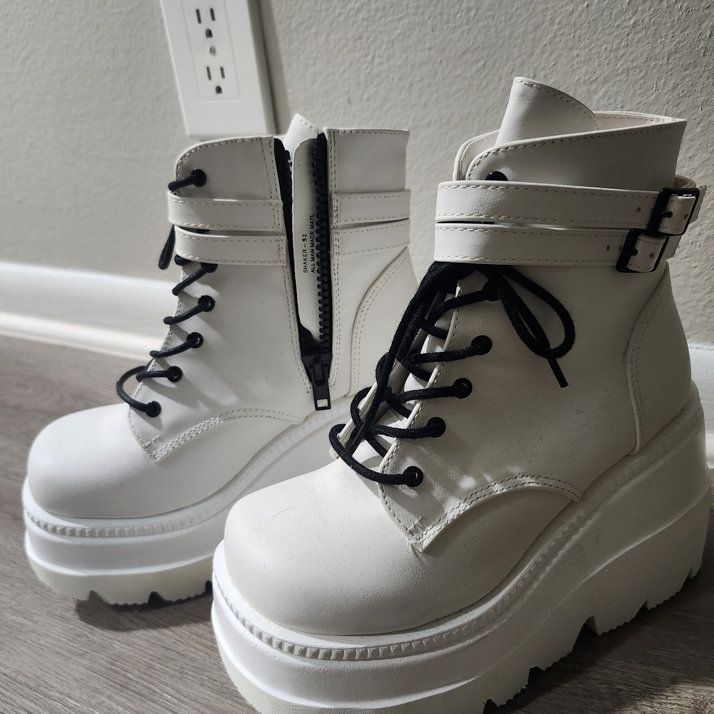 Demonia White Platform Lace-Up Ankle Boots with Black Laces